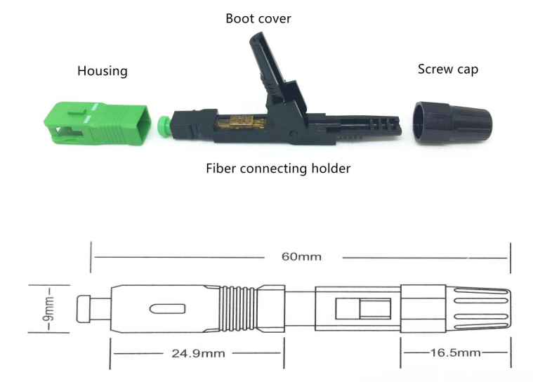Fast Connector  Description:Optical fast connector takes use of the latest generation of Rapid Ready-Terminal technology. After terminating, both the optical and mechanical performances reach the standard for patchcord and meet the demand for making patchcord on site by mechanical splicing.  Features:  •Low insertion loss and back reflection loss -Extremely easy for operation  •Short operation time.  •No need of epoxy,  •No need of polishing (for PC )  Applications:  •FTTxRebuilding the wiring in optical equipments rooms.  Availability：  •Following types of connector is available:SC/PC、FC/P  Specifications (SC/APC connector)  Test Parameters